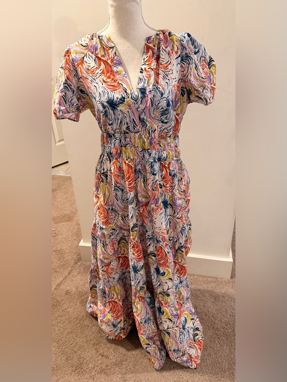 Anthropologie Multicolor Swirl Smocked-Waist adult Dress